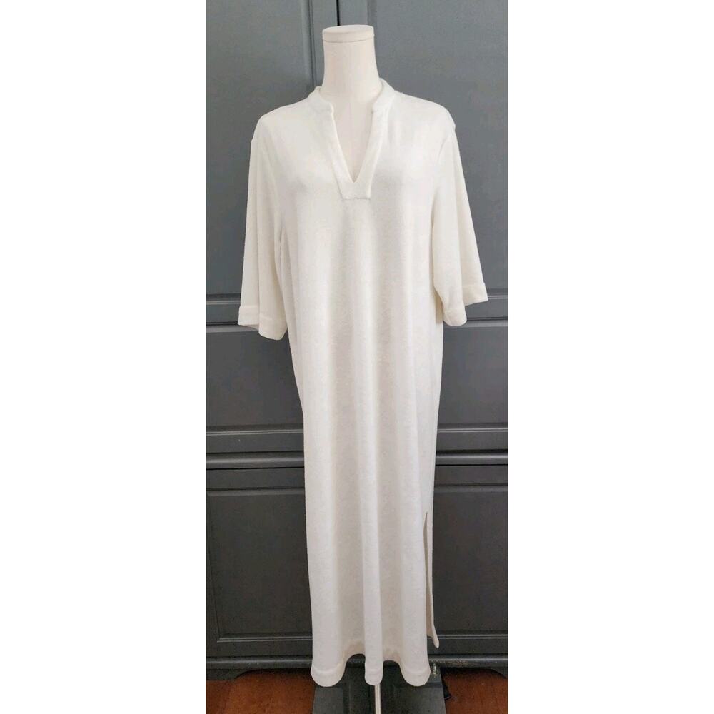 Barefoot Dreams Women Cozy Terry Placket Dolman Sleeve Midi Caftan SeaSalt/Cream - Picture 2 of 8